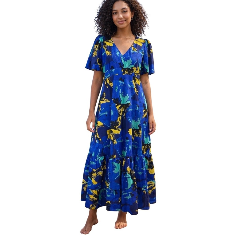 NWT Christopher John Rogers Womens Blue Floral Puff Sleeve Maxi Dress‎ Size 14